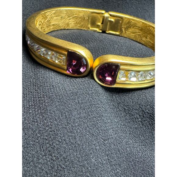 Vintage Givenchy Gold-Tone Cuff Bracelet w/ Purple & Clear Crystals - Picture 3 of 10